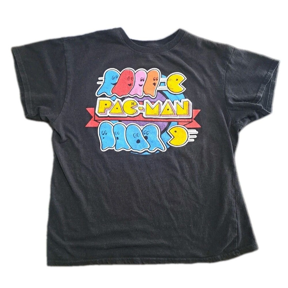 Pac-Man 1980s Retro Arcade Distressed Logo Black T-Shirt Youth Large Graphic Tee